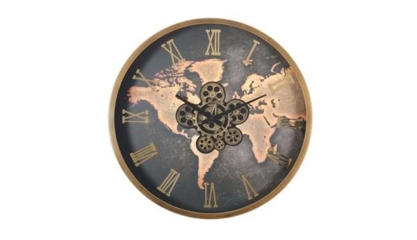 Çarklı Saat Çap 60 Dünya 3 Altın Eskitme Duvar Saati