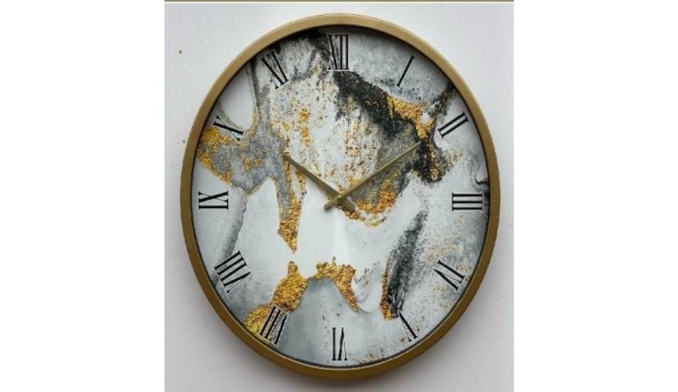 Çarksız Saat Çap 60 Altın-Mermer Desen Duvar Saati