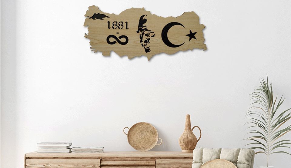 Dekoratif Modern Türkiye Haritası Atatürk Silüeti Duvar Panosu V1
