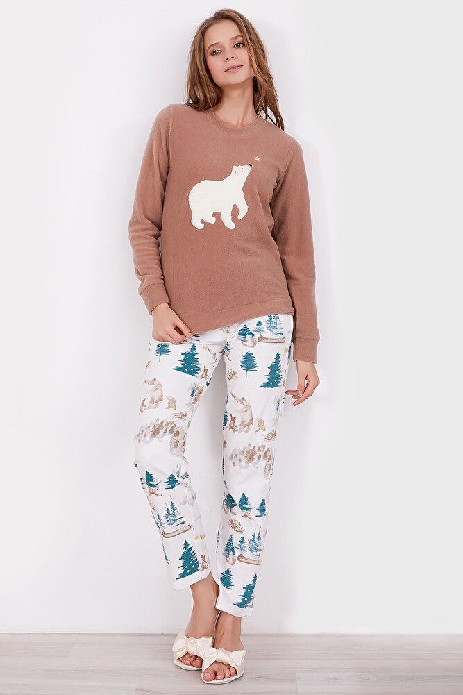 Arnetta Polar Bear Camel Kadın Uzun Kol Pijama Takım AR2161