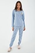Arnetta Yakası Düğmeli Mavi Kadın Uzun Kol Pijama Takım AR2185