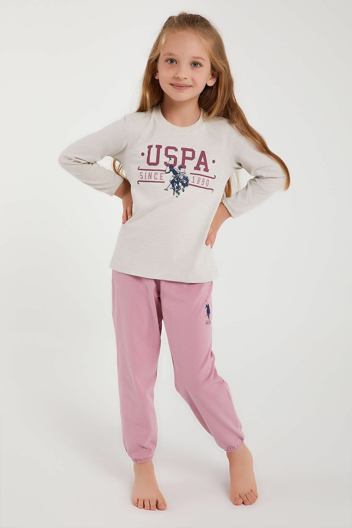 U.S. Polo Assn Lisanslı Classic Bejmelanj Kız Çocuk Uzun Kol Pijama Takım US1214