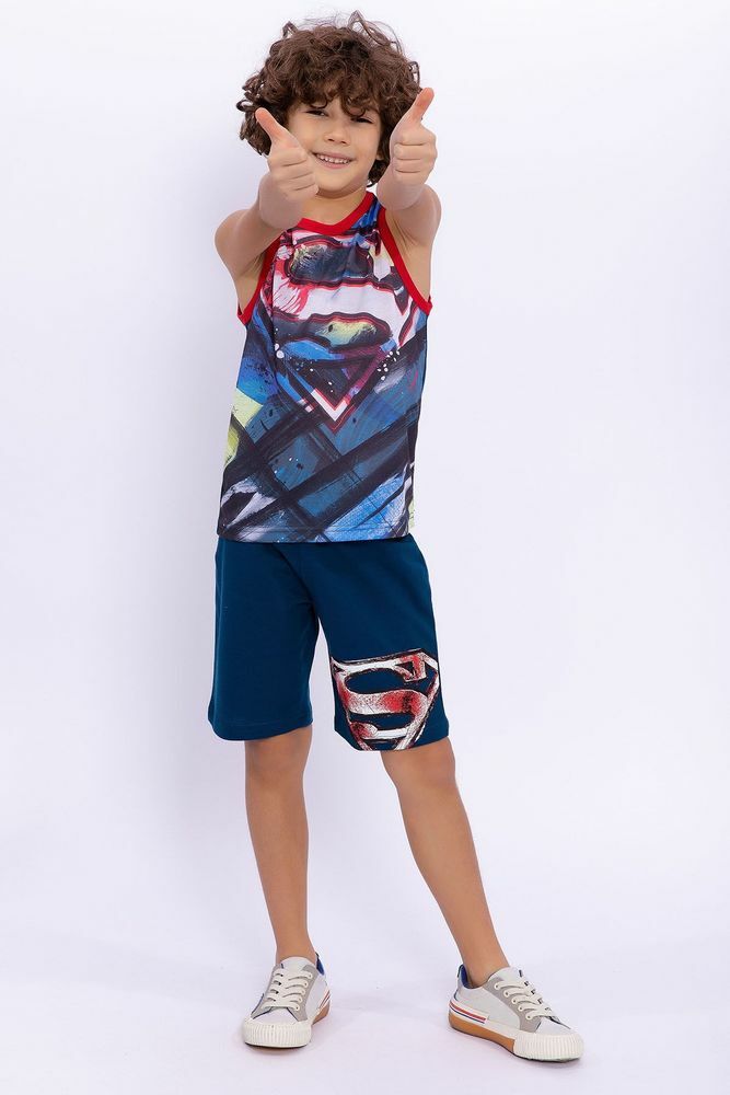 Superman Lisanslı Uzay Mavisi Erkek Çocuk Kolsuz Bermuda Takımı L1494
