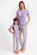 Arnetta Eat Sleep Coffee Repeat Lila Kız Çocuk Pijama Takımı AR1839C