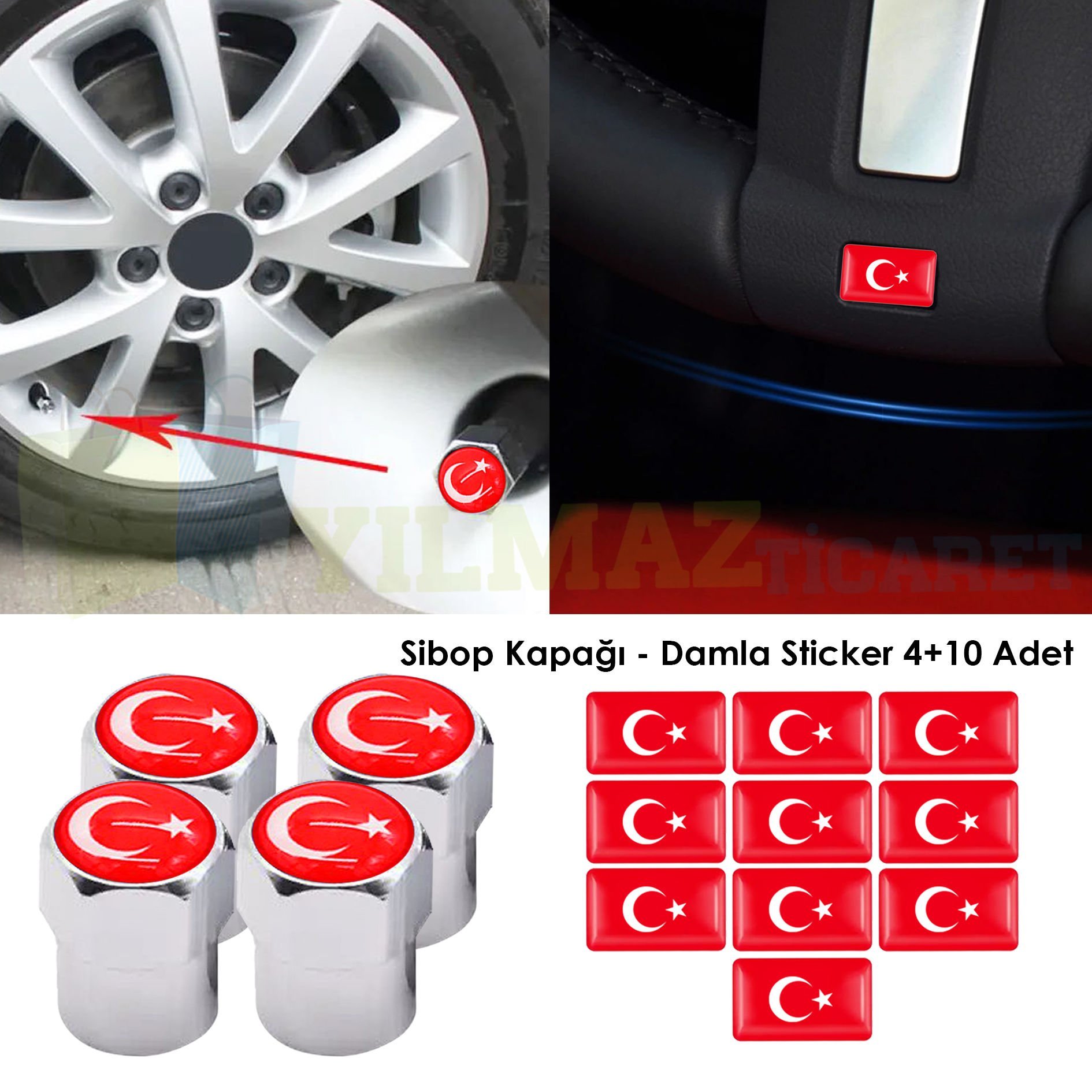 Türk Bayrağı Bayrak Sibop Kapağı Jant Direksiyon Vites Torpido Damla Sticker Etiket 4+10 Adet