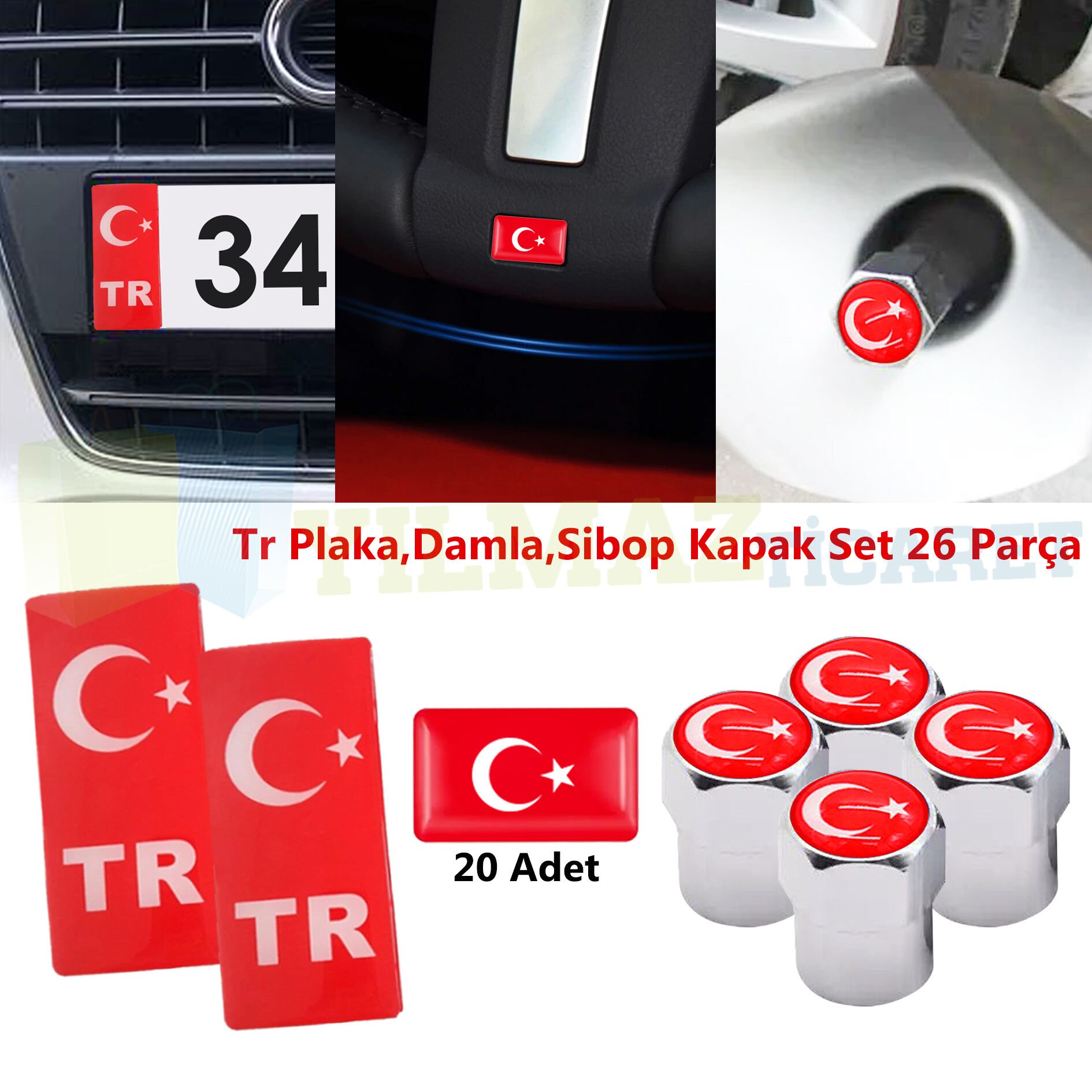 Tr Plaka Türk Bayrağı Sibop Kapağı Direksiyon Vites Torpido Damla Sticker Set