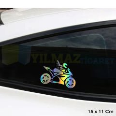 Motorcu Kız Girl Hologram Sticker Araba Etiket Yapıştırma Etiket Çıkartma Renkli 15 x 11 Cm