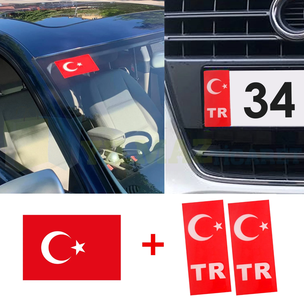Türk Bayrağı Ön Cam Sticker Yapıştırma Tr Plaka Damla Silikon Etiket Araba 3 Parça
