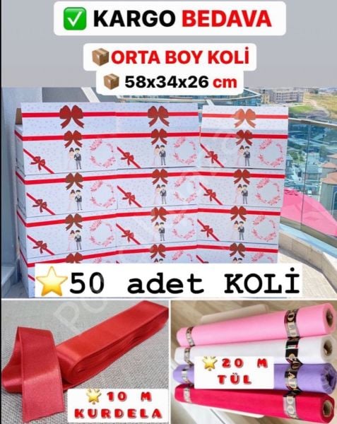 50 Adet Orta Boy Kırmızı Çeyiz Kolisi - Gelin İsimli + 20 M Çeyiz Tülü + 10 M Kurdela  - '' Kargo Bedava ''