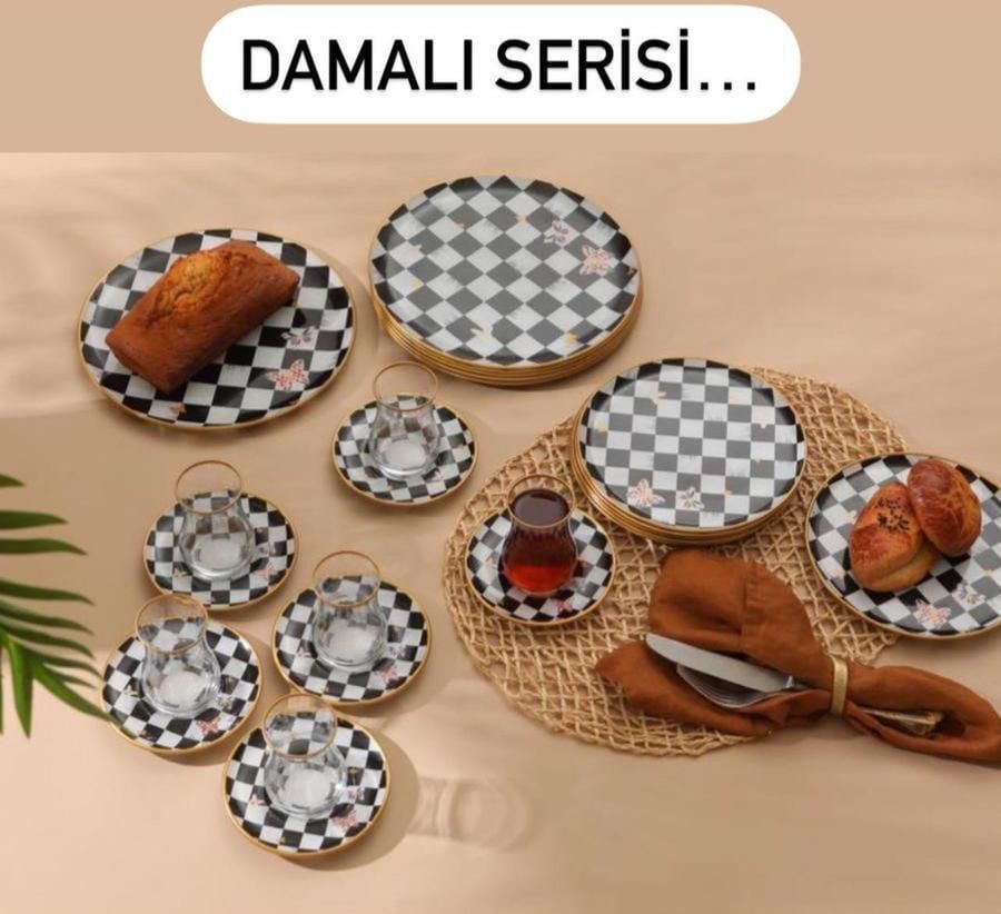 24 Parça- 6 Kişilik  Damalı Model Çay - Pasta - Servis Seti