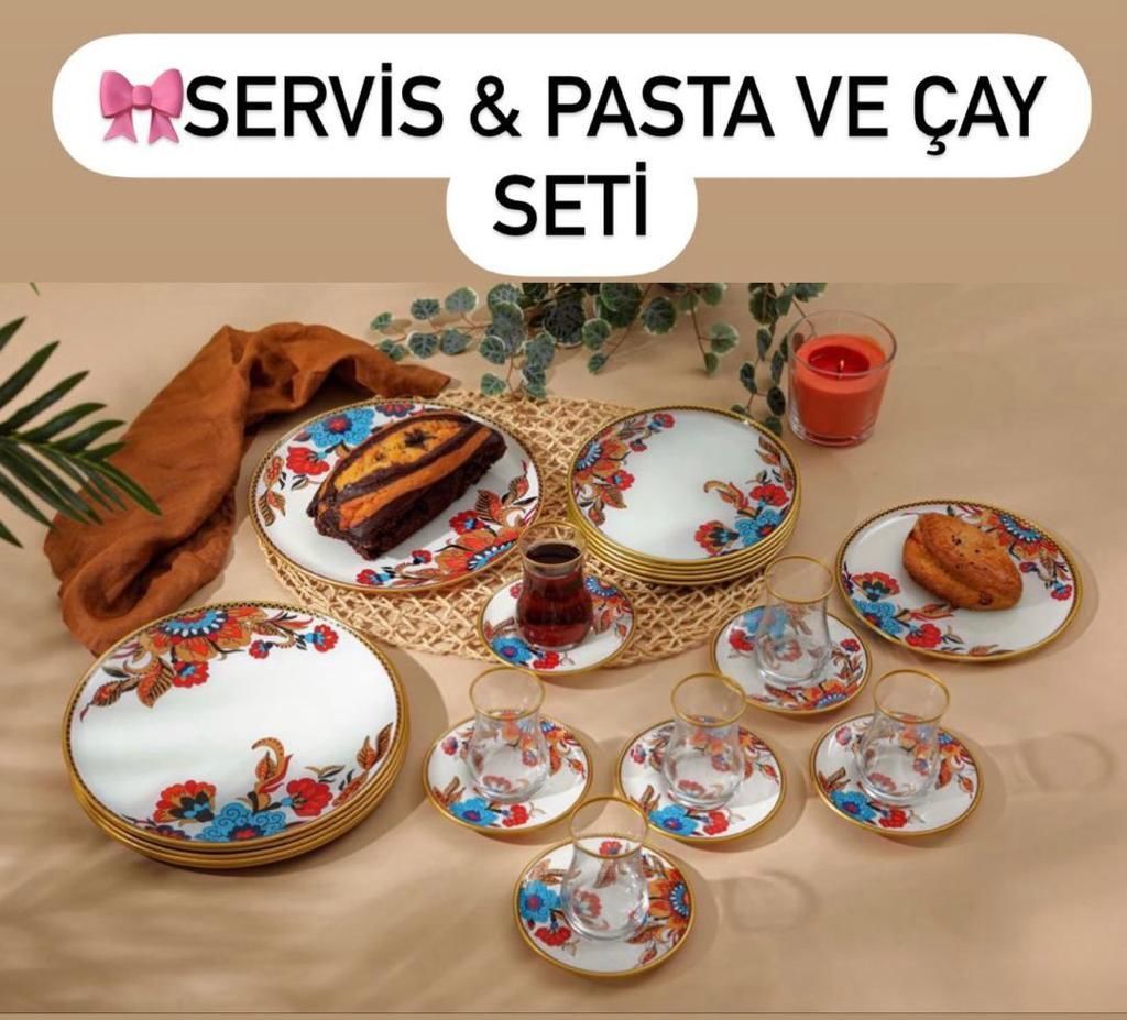 24 Parça- 6 Kişilik Beyaz Çiçek  Model Çay - Pasta - Servis Seti