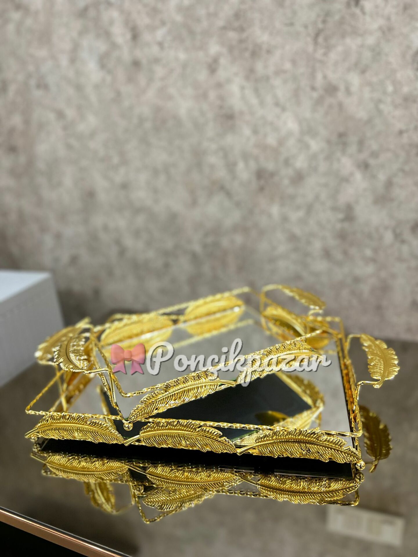 2 Li Yaprak Model Dörtgen Tepsi -Gold Renk