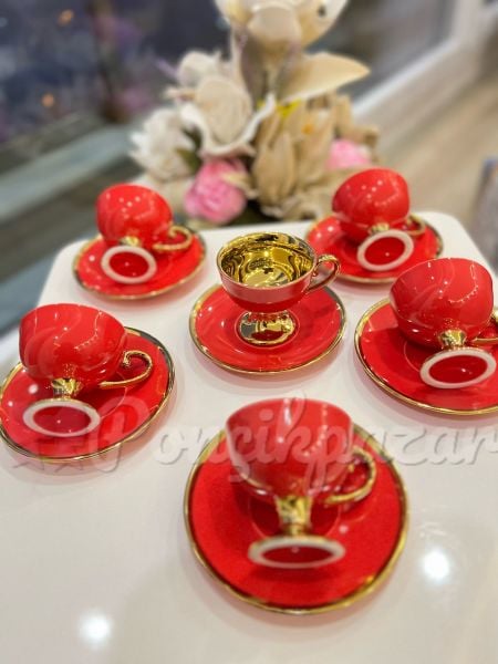 6 Kişilik Porselen Türk Kahvesi Fincan Seti - Kırmızı