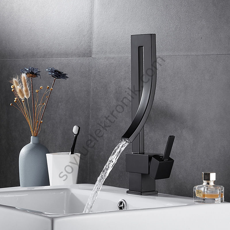 Özel Tasarım Matte Black Banyo Bataryası Retro Şelale Kare Havza Lavabo Bataryası