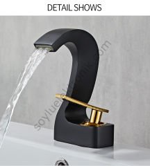 Siyah Gold Güverte Monte Tek Delik Şelale Havza Banyo Lavabo Musluğu Sıcak ve Soğuk