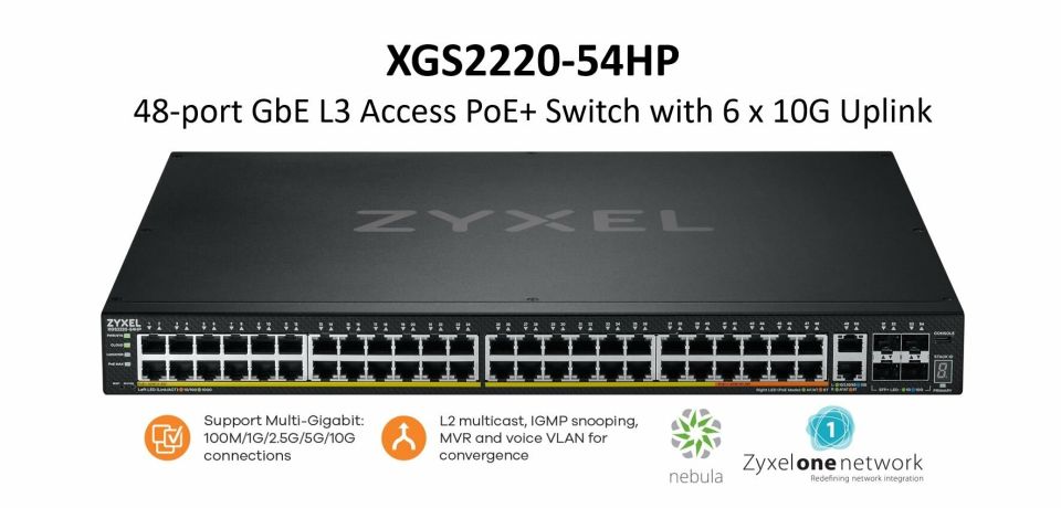 XGS2220-54HP L3 Access Switch, 600W PoE, 40xPoE+/10xPoE++, 48x1G RJ45 2x10mG RJ45, 4x10G SFP+ Uplink, incl. 1 yr NebulaFlex Pro