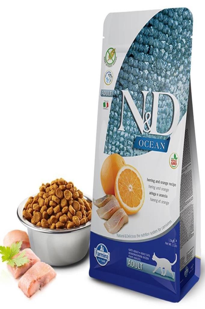 N&D Ocean Ringa Balıklı ve Portakallı Tahılsız Yetişkin Kedi Maması 1,5kg