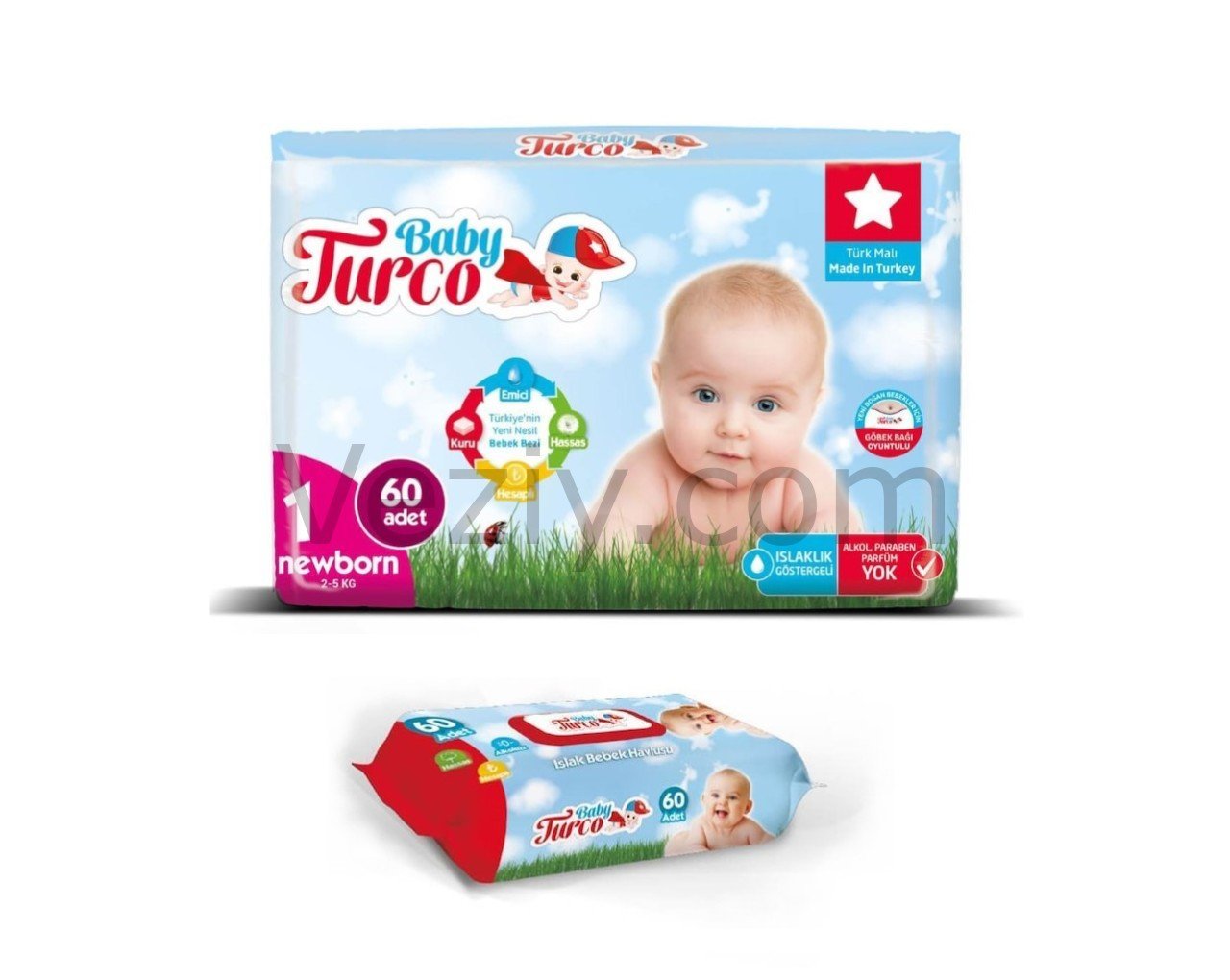 Baby Turco Yenidoğan Bebek Bezi 2-5 KG 1 Beden 60 Adet + Islak Havlu 60'lı