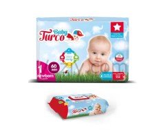 Baby Turco Yenidoğan Bebek Bezi 2-5 KG 1 Beden 60 Adet + Islak Havlu 60'lı