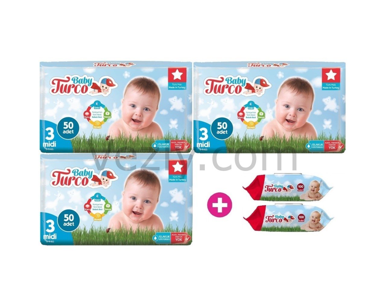 Baby Turco Bebek Bezi 5-9 KG 3 Beden 3 x 50 Adet + Islak Mendil 2 x 100'lü