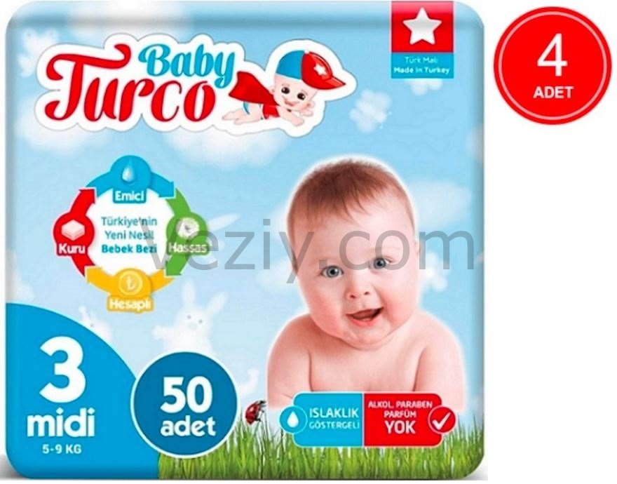Baby Turco Bebek Bezi 5-9 KG 3 Beden 4 x 50 Adet