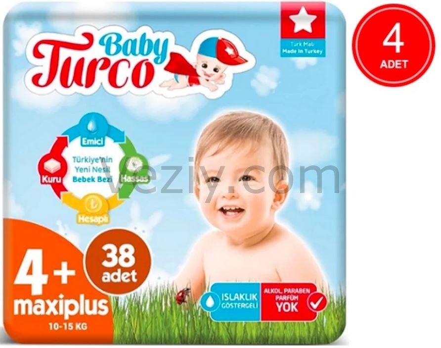 Baby Turco Maxi Plus Bebek Bezi 10-15 KG 4+ Beden 4 x 38 Adet