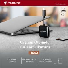 Transcend TS-RDC3 SD/microSD, USB 3.2 Gen 1, Siyah, Type C Kart Okuyucu