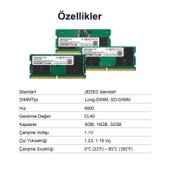 Transcend JM4800ASG-8G 8GB DDR5 4800Mhz CL40 1.1V Notebook Ram