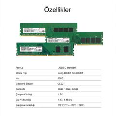 Transcend JM3200HLE-32G 32GB DDR4 3200Mhz CL22 1.2V Masaüstü Ram