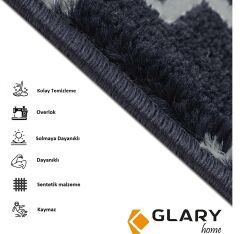 Glary Home GH40A-BGRY-GRY3 Kare Desenli Kaydırmaz Tabanlı 3'lü Merdiven Halısı - Siyah/Gri