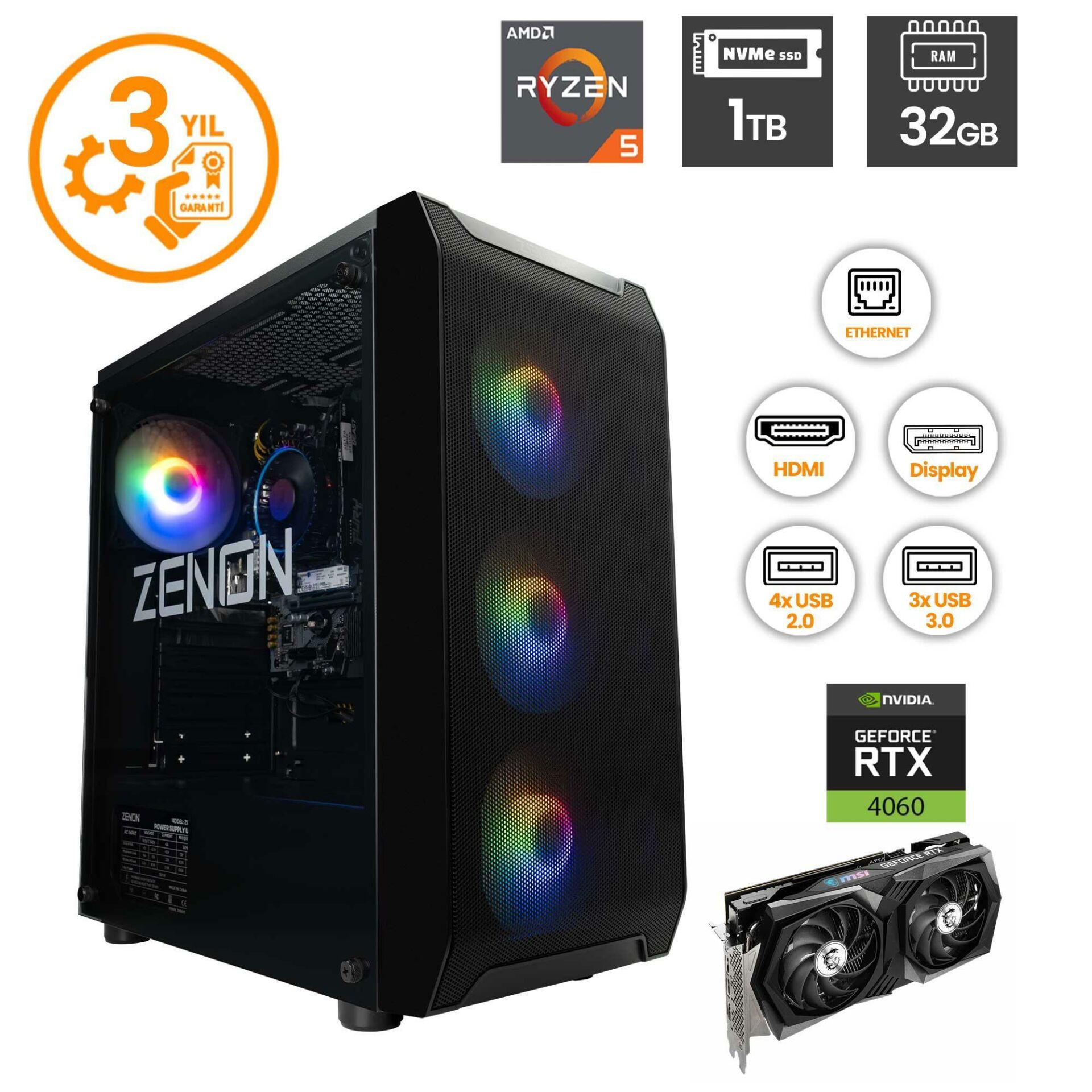 ZENON RAKS TR105 Ryzen 5 5600 32GB 1TBSSD RTX4060-8GB FreeDOS Gaming Masaüstü Bilgisayar