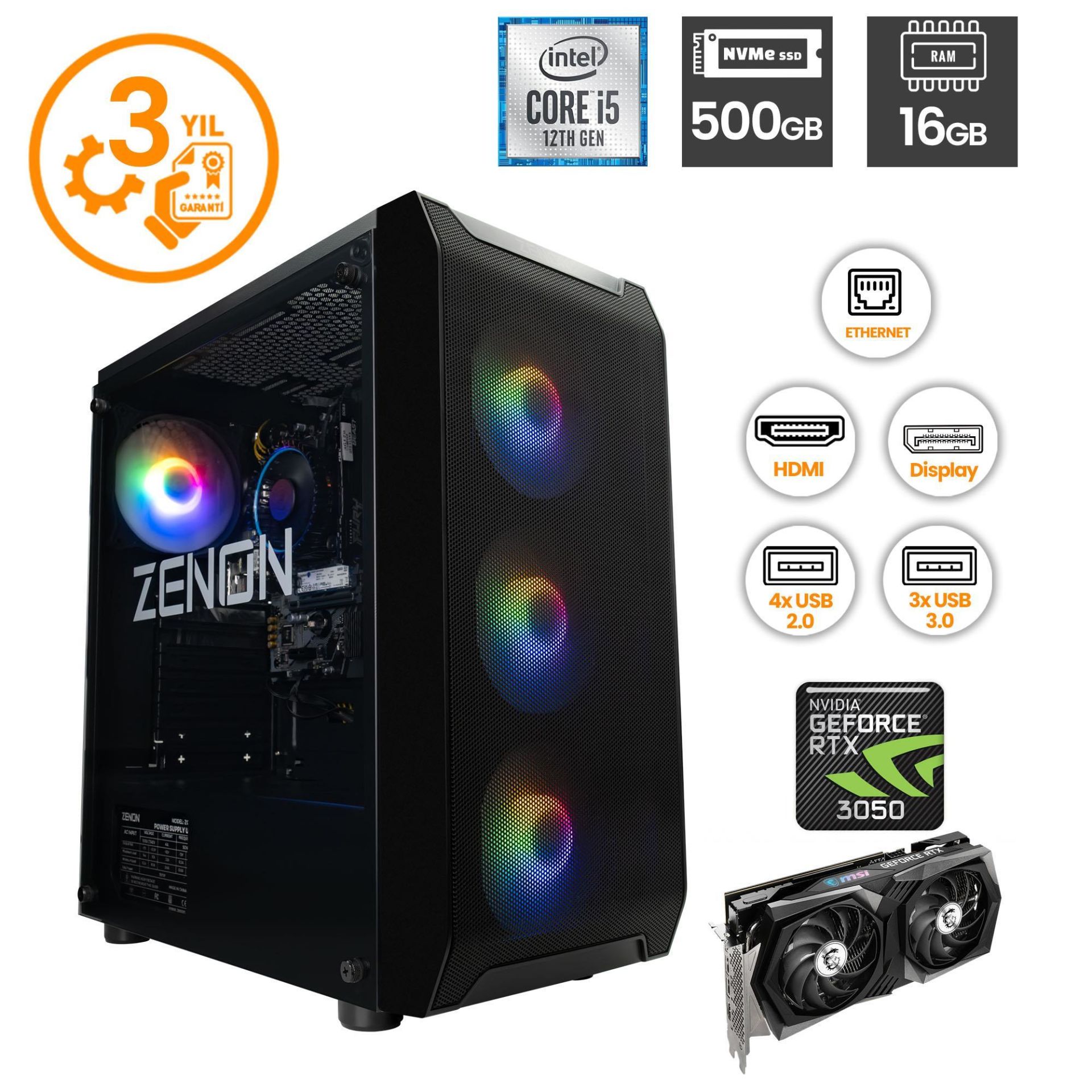 Zenon RAKS TR101 i5-12400F 16GB 500GB SSD RTX3050-8GB  FreeDOS Gaming Masaüstü Bilgisayar