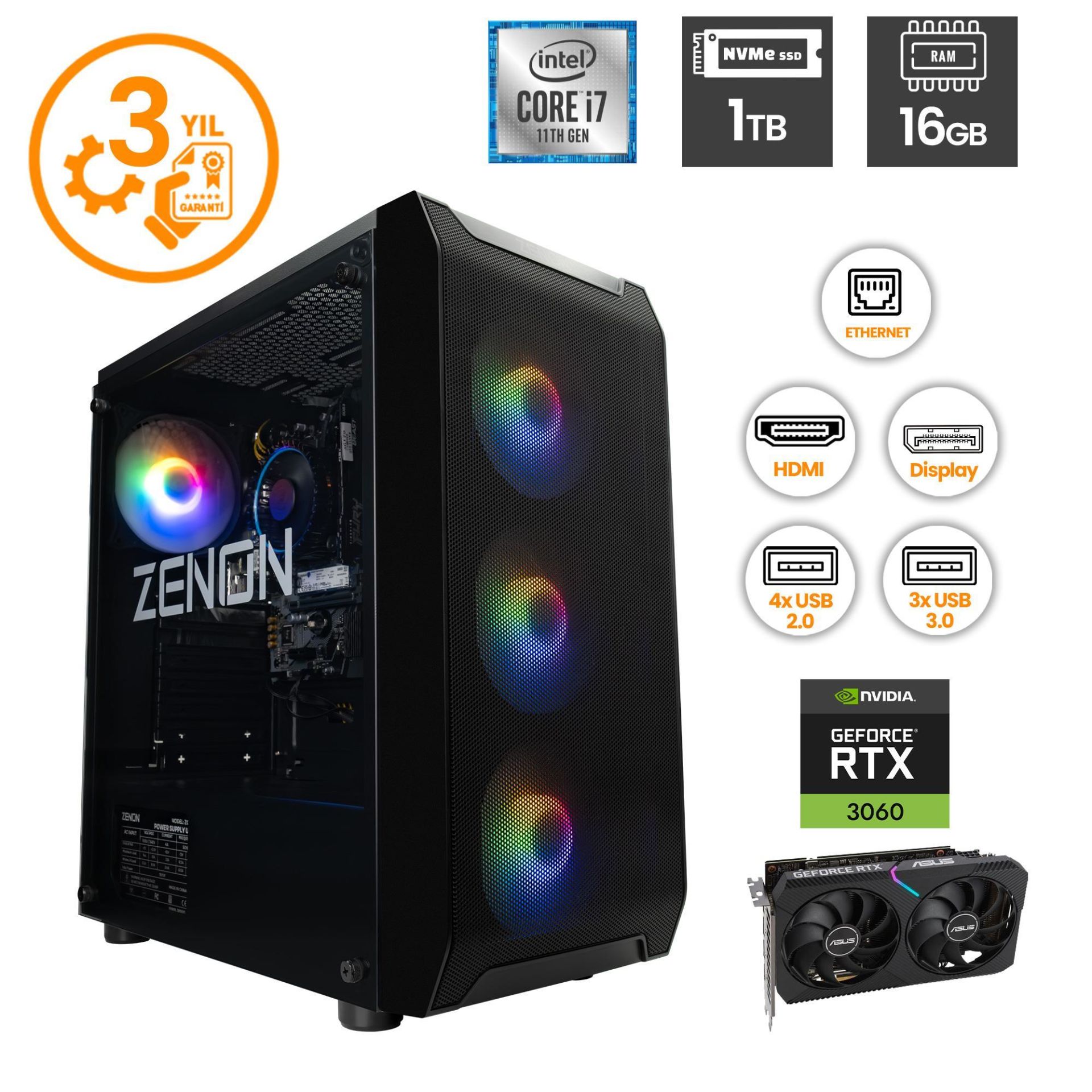 ZENON RAKS TR102 i7-11700F 16GB 1TBSSD RTX3060-12GB FreeDOS Gaming Masaüstü Bilgisayar