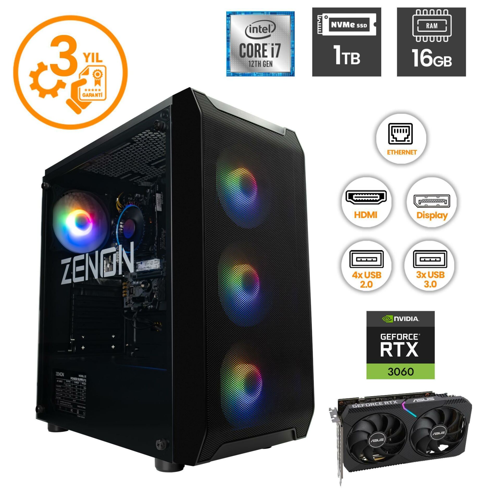 ZENON RAKS TR103 i7-12700F 16GB 1TBSSD RTX3060-12GB FreeDOS Gaming Masaüstü Bilgisayar