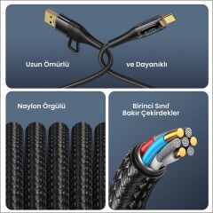 Usams US-SJ616 Type-C+Lightning+MicroUSB,6in1 LCD Göstergeli PD100W Hızlı Şarj ve Data Kablosu-Siyah