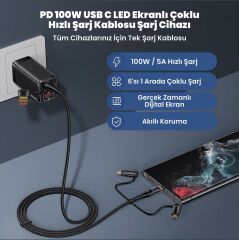 Usams US-SJ616 Type-C+Lightning+MicroUSB,6in1 LCD Göstergeli PD100W Hızlı Şarj ve Data Kablosu-Siyah