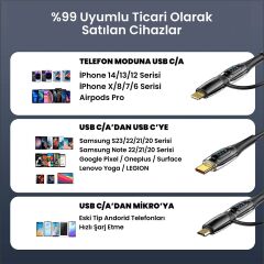 Usams US-SJ616 Type-C+Lightning+MicroUSB,6in1 LCD Göstergeli PD100W Hızlı Şarj ve Data Kablosu-Siyah