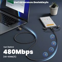 Usams US-SJ616 Type-C+Lightning+MicroUSB,6in1 LCD Göstergeli PD100W Hızlı Şarj ve Data Kablosu-Siyah