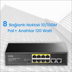 Cudy FS1010P 8 Port 10/100Mbps 120W PoE+, 2 Uplink Portlu VLAN CCTV Rack Mount Metal Switch