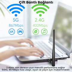 Cudy WU1400 5GHz 867Mbps, 2.4GHz 400Mbps, Wi-Fi USB 3.0 Antenli Adaptör (AC1200 Serisi)