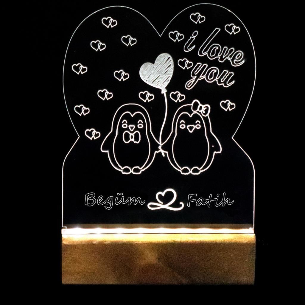 Veraart Penguen Çift Işıklı Pleksi Kişiye Özel Gece Lambası Sevgililer Günü Hediyesi