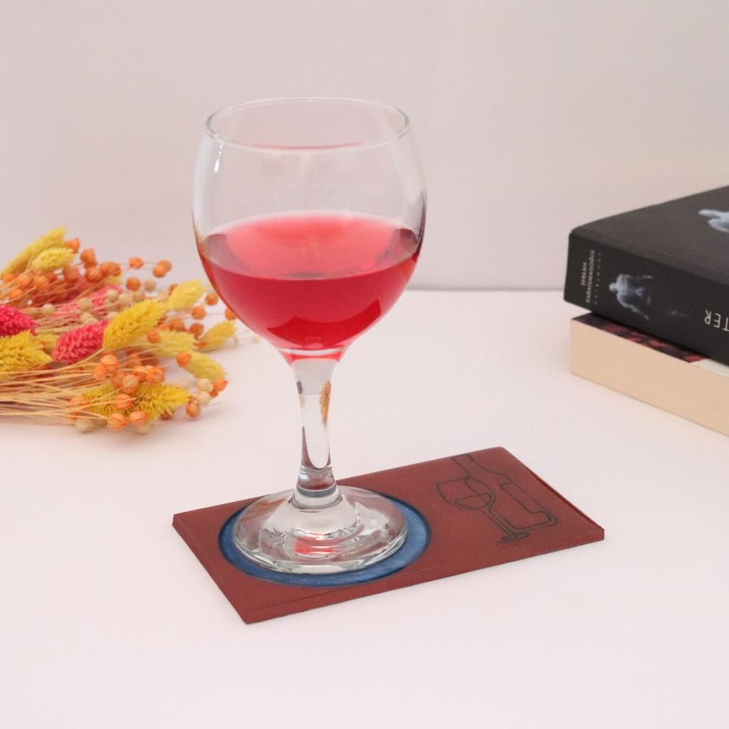 Veraart Epoksili Şarap Şişesi ve Kadeh Görselli Bardak Altlığı