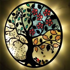 Veraart Epoksili Dört Mevsim Hayat Ağacı Figürlü Duvar Dekorlu Gece Lambası 60 cm