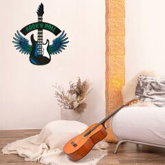 Veraart Epoksili Kişiselleştirilebilir Kanatlı Gitar Figürlü Duvar Dekorlu Gece Lambası Mavi Yeşil 60x55 cm