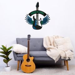 Veraart Epoksili Kişiselleştirilebilir Kanatlı Gitar Figürlü Duvar Dekorlu Gece Lambası Mavi Yeşil 60x55 cm