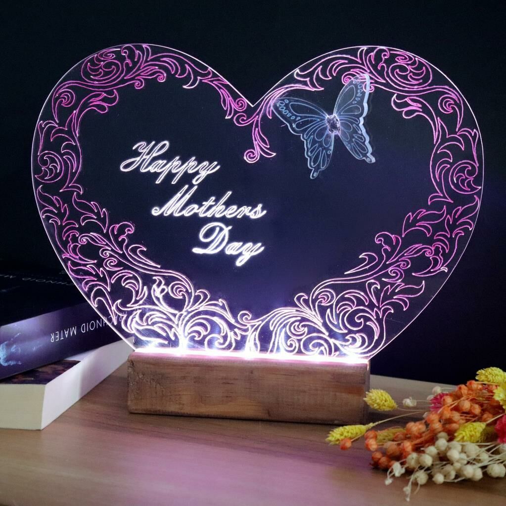 Veraart El Yapımı Boyama Kalpli Happy Mother's Day Işıklı Pleksi Kişiye Özel Gece Lambası Anneler Günü Hediyesi 1. Desen