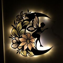 Veraart Epoksili Ahşap Çiçekli  Aydaki Peri Figürlü Duvar Dekorlu Gece Lambası  48 cm