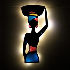 Veraart Epoksili Ahşap Sepet Taşıyan Afrikalı Kadın Figürlü Duvar Dekorlu Gece Lambası 50 cm