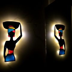 Veraart Epoksili Ahşap Sepet Taşıyan Afrikalı Kadın Figürlü Duvar Dekorlu Gece Lambası 50 cm