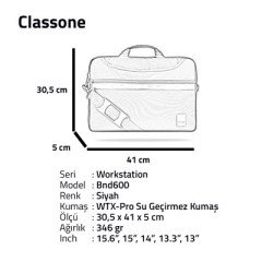 Classone BND600 WorkStation 15.6 inch Su geçirmez Kumaş, Notebook Laptop Çantası -Siyah